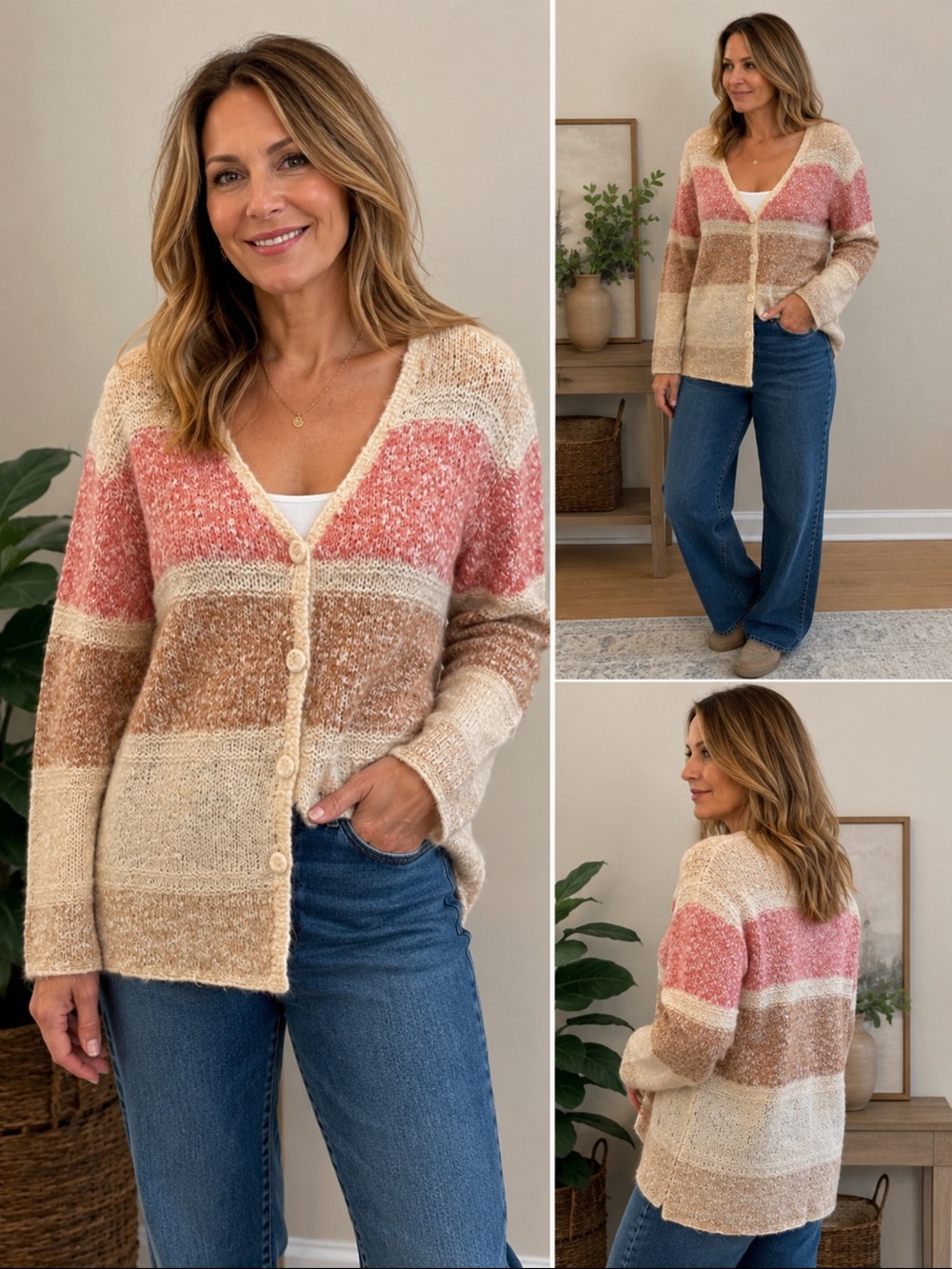 April Cornell mohair blend stripe Cardigan Sweater M prairie neutral
